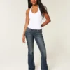 Calças de ganga bootcut com cintura baixa, lavagem escura e bordados