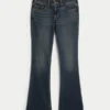 Calças de ganga bootcut com cintura baixa, lavagem escura e bordados