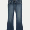Calças de ganga bootcut com cintura baixa, lavagem escura e cinto