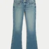 Calças de ganga bootcut de cintura baixa com lavagem média e tachas
