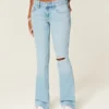 Calças de ganga bootcut rasgadas, de cintura baixa, com lavagem clara e bordados