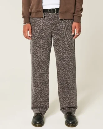 Calças de ganga largas com estampado leopardo