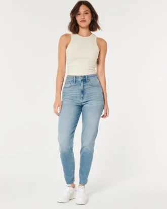 Calças de ganga mom jeans curvilíneas de cintura ultra alta e lavagem média