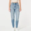 Calças de ganga mom jeans curvilíneas de cintura ultra alta e lavagem média
