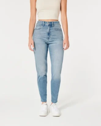 Calças de ganga mom jeans curvilíneas de cintura ultra alta e lavagem média