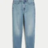 Calças de ganga mom jeans curvilíneas de cintura ultra alta e lavagem média