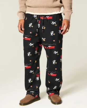 Calças de pijama de flanela com estampado Tom e Jerry