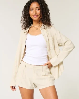 Calções de cintura baixa em mistura de linho Hollister Livvy 3″