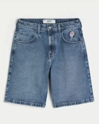 Calções de ganga largos com estampado de rosas