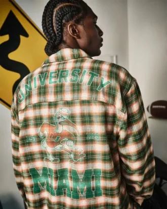 Camisa de flanela com estampa da Universidade de Miami Hurricanes