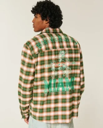 Camisa de flanela com estampa da Universidade de Miami Hurricanes