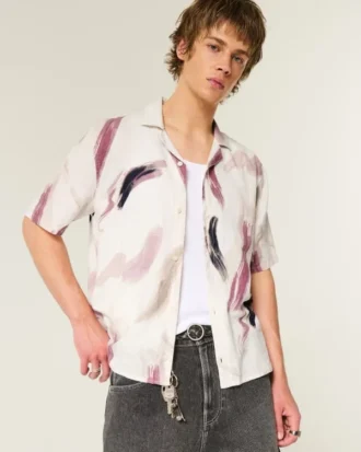 Camisa de manga curta com padrão em mistura de linho
