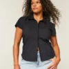 Camisa de manga curta em popeline elástico com botões