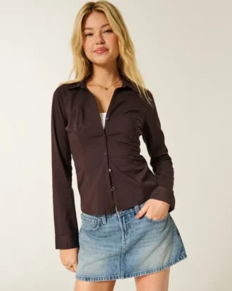 Camisa de popeline elástica com botões