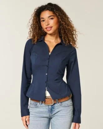 Camisa de popeline elástica com botões