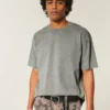 Camiseta de algodão pesado lavado com gola redonda