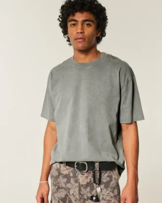 Camiseta de algodão pesado lavado com gola redonda