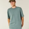 Camiseta de algodão pesado lavado com gola redonda