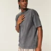 Camiseta de algodão pesado lavado com gola redonda