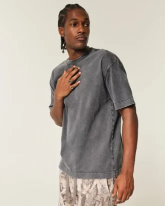 Camiseta de algodão pesado lavado com gola redonda