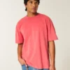 Camiseta de algodão pesado lavado com gola redonda