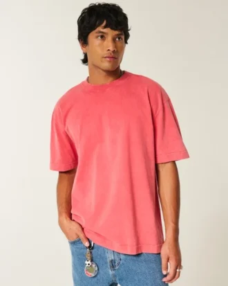 Camiseta de algodão pesado lavado com gola redonda