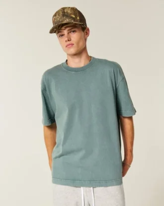 Camiseta de algodão pesado lavado com gola redonda