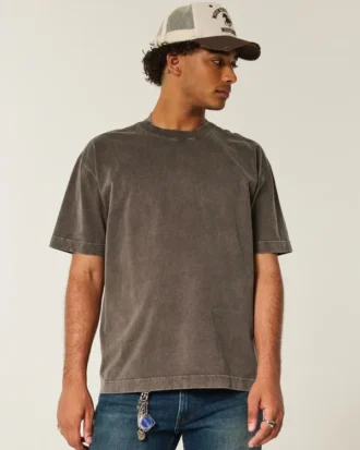 Camiseta de algodão pesado lavado com gola redonda