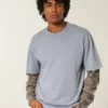 Camiseta de algodão pesado lavado com gola redonda