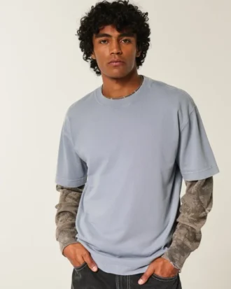 Camiseta de algodão pesado lavado com gola redonda