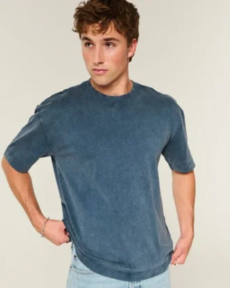Camiseta de algodão pesado lavado com gola redonda