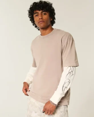 Camiseta de algodão pesado lavado com gola redonda