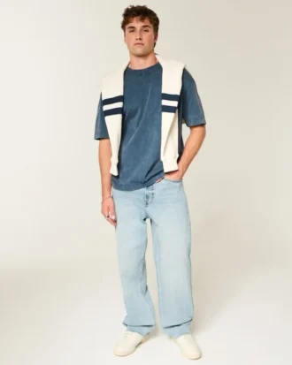 Camiseta de algodão pesado lavado com gola redonda