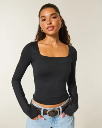 Camiseta de manga comprida sem costuras com gola quadrada