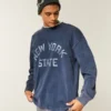 Camiseta gráfica de manga comprida pesada e quadrada do estado de Nova Iorque