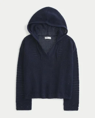 Camisola com capuz e decote em V estilo croché