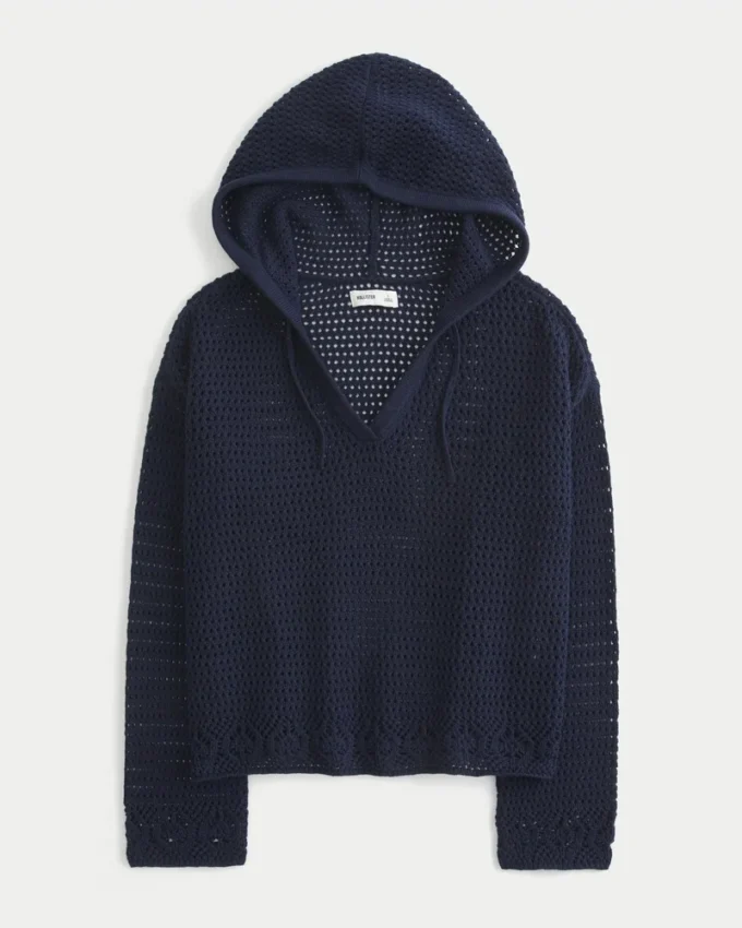 Camisola com capuz e decote em V estilo croché
