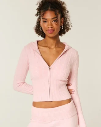 Camisola com capuz e fecho de correr em malha trançada da Gilly Hicks