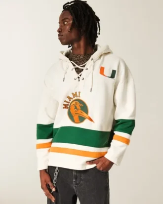 Camisola com capuz e gráfico de hóquei da Universidade de Miami Hurricanes