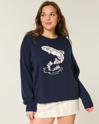 Camisola com estampa de peixe a saltar