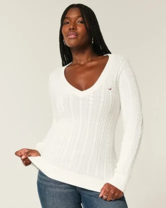 Camisola com gola em V e malha trançada