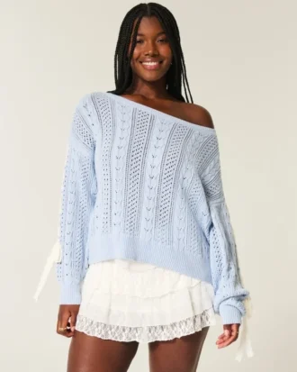 Camisola com mangas com laços e padrão trançado