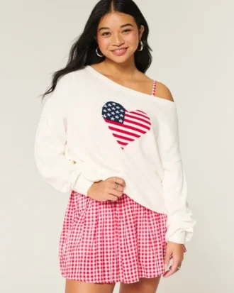 Camisola folgada com ombros descobertos e estampado de coração