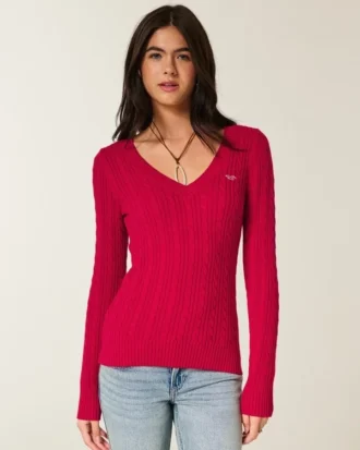 Camisola icónica com gola em V e malha trançada