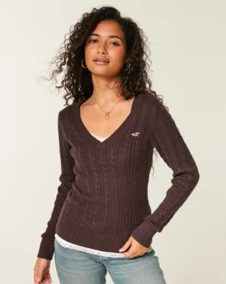 Camisola icónica com gola em V e malha trançada