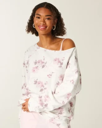Camisola oversized com padrão floral e laço, com ombros descobertos