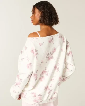 Camisola oversized com padrão floral e laço, com ombros descobertos
