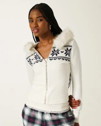 Casaco com capuz e acabamento em pele sintética Fair Isle Zip-Up Sweater