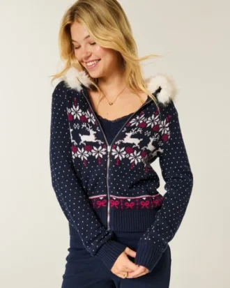 Casaco com capuz e acabamento em pele sintética Fair Isle Zip-Up Sweater