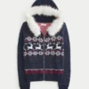 Casaco com capuz e acabamento em pele sintética Fair Isle Zip-Up Sweater